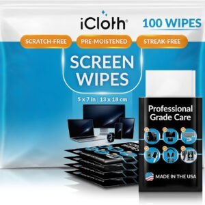 iCloth Large Screen Cleaning Wipes for Electronics, Lint-Free and Streak-Free, Fast-Drying, Removes Dust, Fingerprints, and Smudges (100 Wipes)