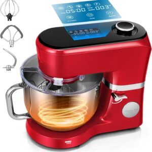 VIVOHOME Stand Mixer with Fermentation, One-Touch Presets Electric Dough Mixer with 6 Qt Bowl, Kitchen Standing Mixer for Baking, Cake with Flex Edge Beater, Bread Hook, Whisk, Red