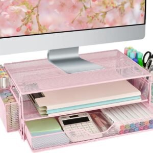 AUPSEN Computer Monitor Stands Riser，2-Tier Desk Organizers and Accessories, Office Desk Accessories Organizer with Drawers and 2 Pen Holder for Office Supplies (Pink)