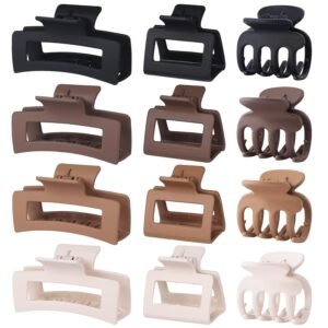 12 Pcs Hair Clips for Women 3 Styles Small Medium Large Claw Clips for Thin Thick Curly Hair, Strong Hold & Non-Slip Clips, Stylish Matte Plastic Hair Accessories Ideal Gifts for Women (Brown)
