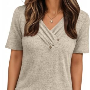 AUTOMET Womens Short Sleeve Tunic Top Spring Summer V Neck Button Shirts 2026 Dressy Casual Business Blouses