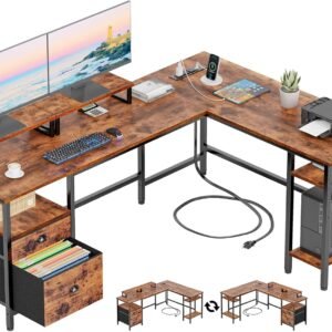 Furologee 66” L Shaped Desk with Power Outlet, Reversible Home Office Desk with File Drawer, 2 Monitor Stands, Storage Shelves, Corner Computer Table for Gaming, Writing, Rustic Brown