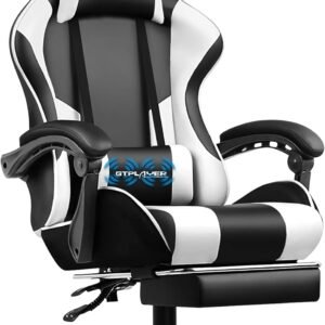 GTPLAYER Gaming Chair, Computer Chair with Footrest and Lumbar Support, Height Adjustable Game Chair with 360°-Swivel Seat and Headrest and for Office or Gaming (Pearl White)