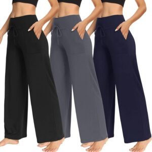 TNNZEET 3 Pack Women’s Wide Leg Pants with Pockets – Casual Loose Yoga Trouser Pants Sweatpants Palazzo Lounge Pajama Pants