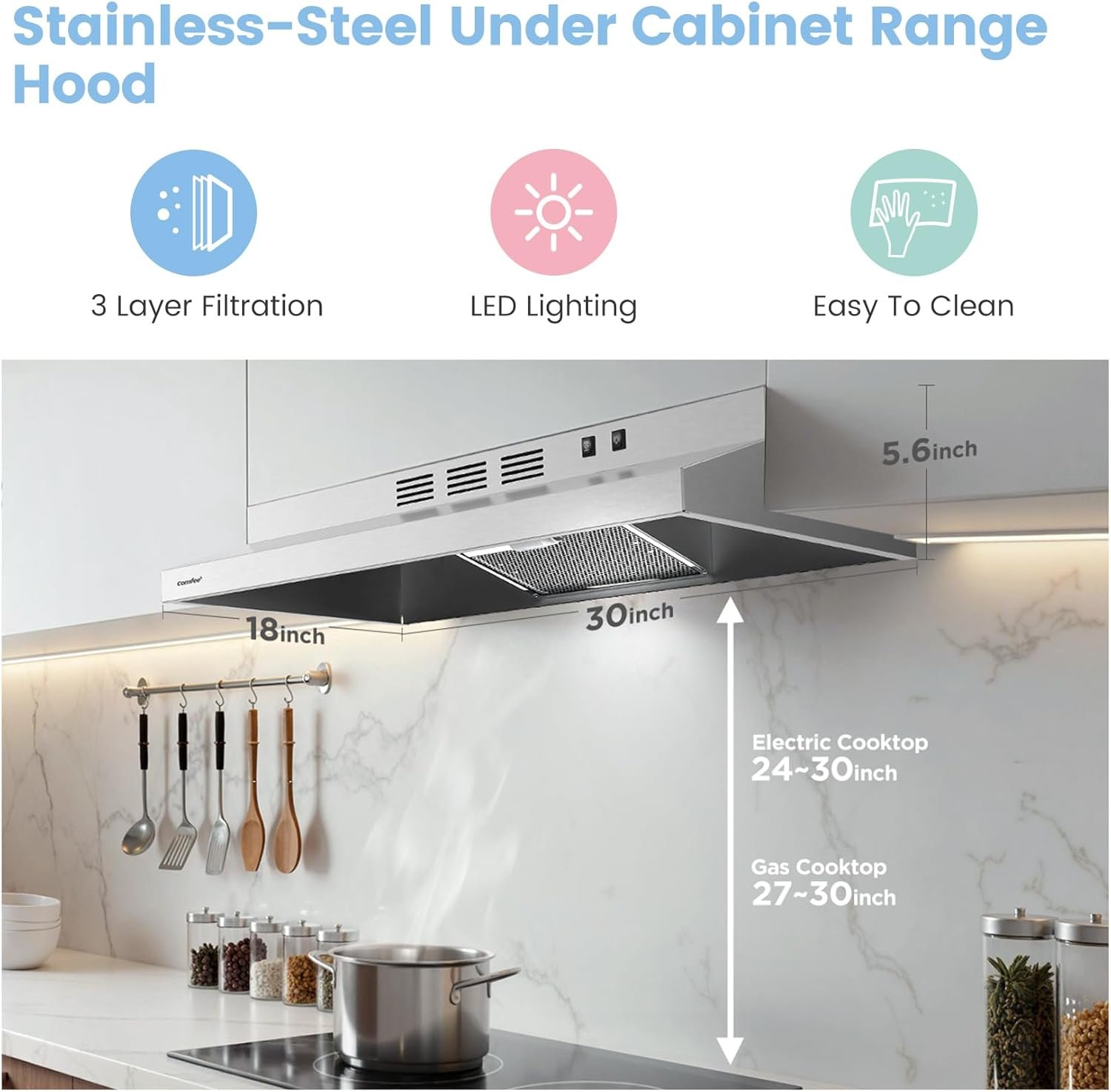 COMFEE' CVU30W2AST Range Hood 30 Inch Ducted Ductless Vent Hood Durable Stainless Steel Kitchen Hood for Under Cabinet with 2 Reusable Filter, 200 CFM, 2 Speed Exhaust Fan Silver - Image 3