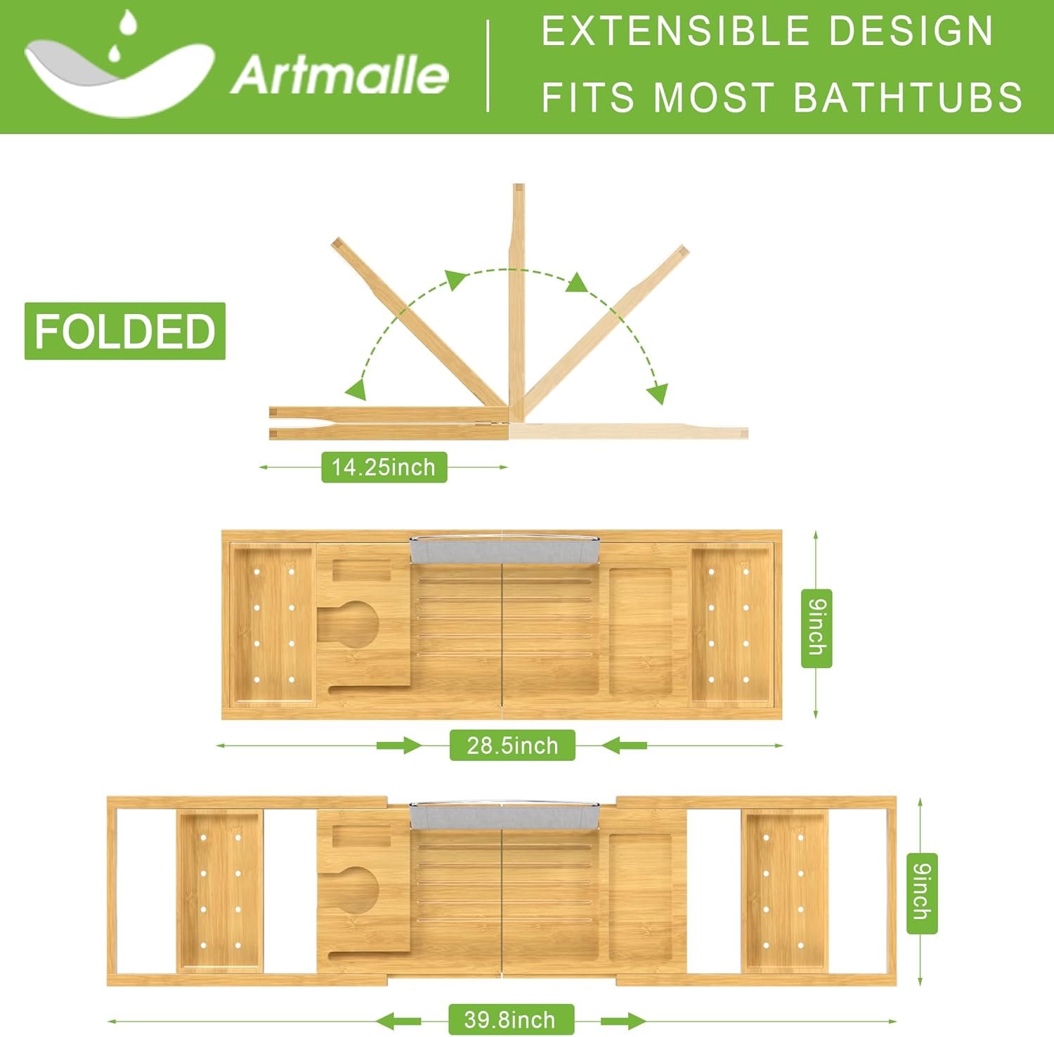 Bathtub Caddy Tray for Tub,Foldable Bath Table Trays,Bamboo Shelf with Book and Wine Glass Holder,Bathroom Accessories Suitable for Luxury Spa or Reading,Natural - Image 3
