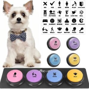 Acools Dog Buttons for Communication, 4 Dog Talking Button Set, Speaking Buttons for Cats and Dogs, 30s Voice Recordable Pet Training Buzzer with Waterproof Dog Activity Mat and 48 Scene Stickers