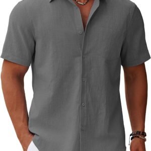COOFANDY Men’s Button Down Short Sleeve Shirt Casual Cotton Summer Beach Linen Wedding Shirts with Pocket