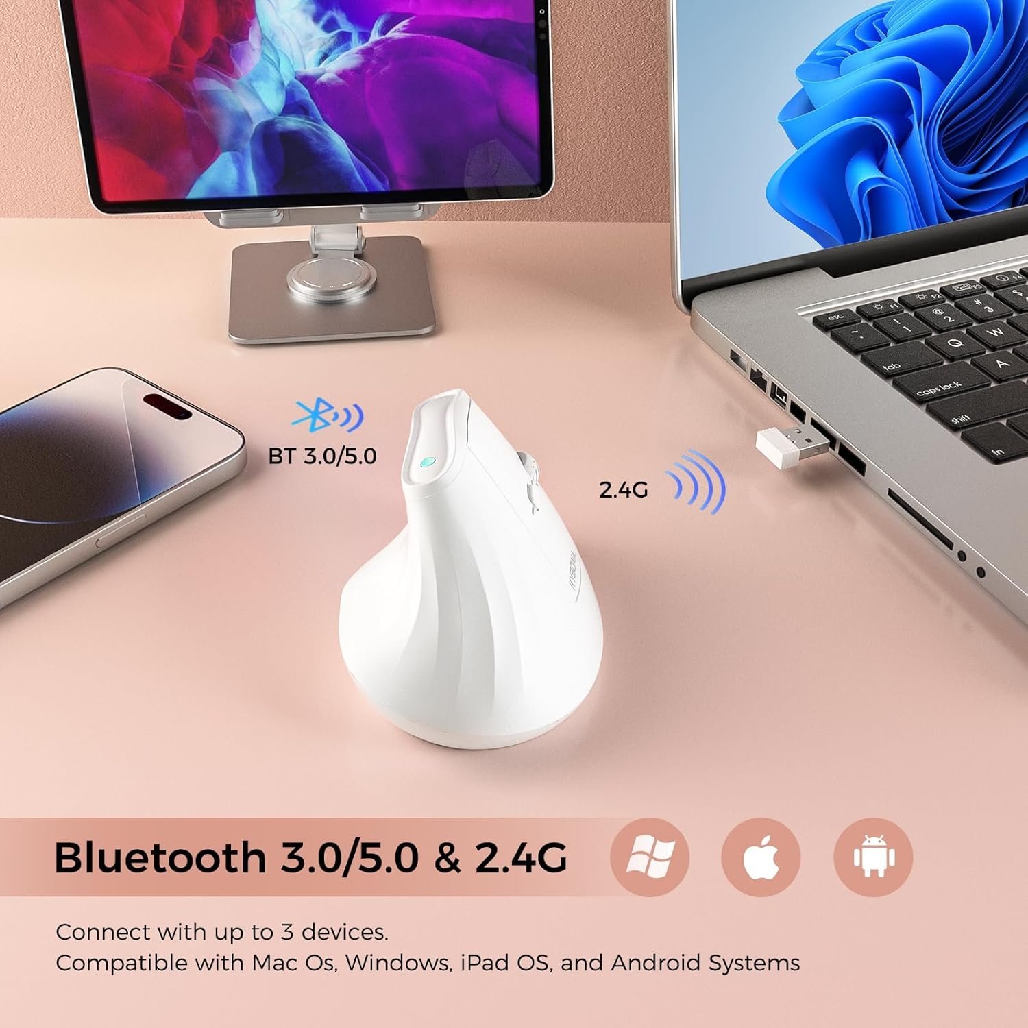 KYSONA 57° Ergonomic Wireless Tower Mouse, Vertical Quiet Ergo Mouse, Bluetooth(BT5.0,BT3.0)&2.4G, (800/1200/2400/2400/4000), 5 Buttons for Windows, macOS, iPadOS, Laptop, PC,White - Image 4
