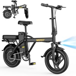 WERHY Electric Bike for Adults, 500W Motor, 22 MPH Max Speed Folding Ebike, 14″ Electric Bicycles, Max 30/40/50 Miles Range (Pedal Assist Mode), Mini E Bikes