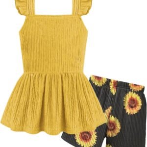 Arshiner Toddler Girl Clothes 2 Piece Summer Outfit Ruffle Sleeveless Top and Shorts Set with Pockets 2-7Y