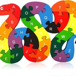 LovesTown Wooden Puzzles for Kids, Double Sided Snake Jigsaw with Alphabet & Numbers, Montessori Educational Toy for Toddlers, Chunky Animal Gift