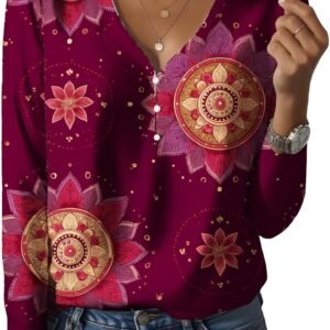 Womens Vintage Patchwork Floral V Neck Long Sleeve Blouse Elegant Boho Loose Top for Fall Office Casual Wear