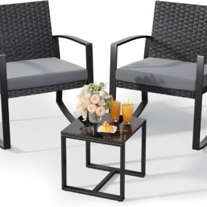 Qsun 3 Pieces Outdoor Patio Furniture Set Rocking Bistro Set Outdoor Rattan Conversation with Coffee Table for Garden Balcony Backyard Poolside (Grey Cushion)