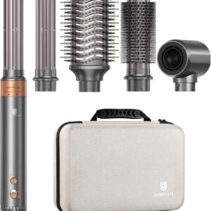 Hair Dryer Brush, webeauty 5 in 1 Professional Hot Air Styling, High-Speed Negative Ionic Hair Dryer Fast Drying, Multi Hair Styler with Air Curling Iron, Volumizing, with Carrying Case (Grey Gold)
