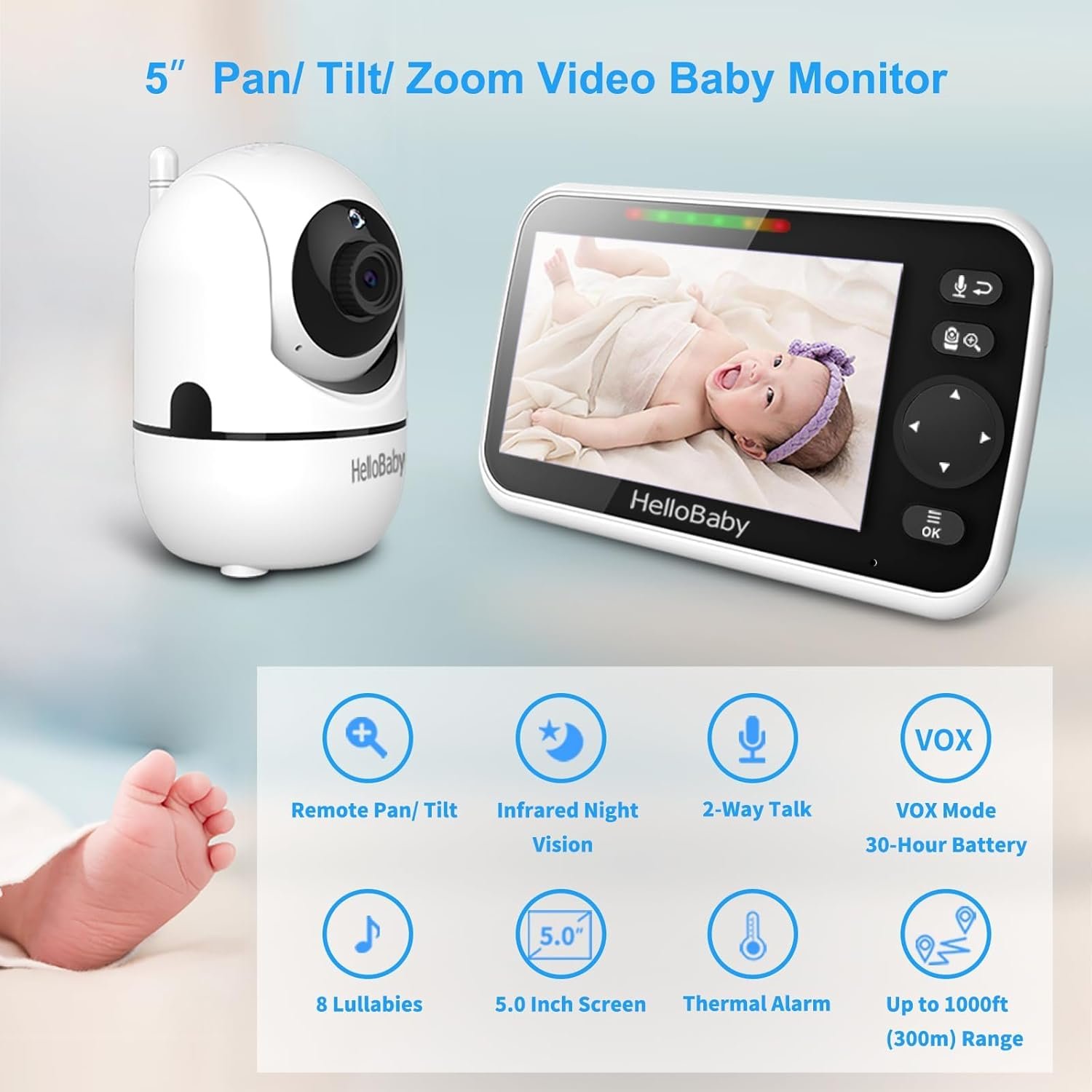 HelloBaby No WiFi Baby Monitor 5" Screen 30-Hour Battery Pan-Tilt-Zoom Video Upgrade with Camera and Audio, Night Vision, VOX, 2-Way Talk, 8 Lullabies and 1000ft Range, HB6550 - Image 2