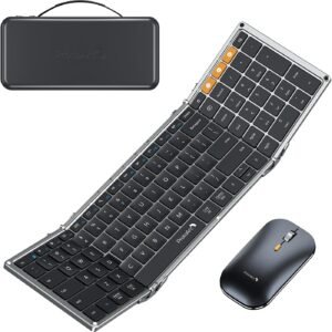 ProtoArc Foldable Keyboard and Mouse, XKM01 True Full-Size Folding Wireless Keyboard Mouse Combo for Business Travel, a Portable Office Suite On-the-Go, Compatible with Laptop iPad Tablet – Black Gray