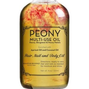 BEAUTE DE PROVENCE Peony Multi-Use Oil for Face, Body and Hair – Organic Blend of Apricot, Vitamin E Sweet Almond Oil for Dry Skin, Rose Petals & Bergamot Essential Oil – 4 Fl Oz