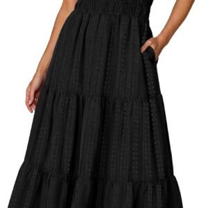 RUMIA Women Casual Midi Maxi Dresses Short Sleeve V Neck Elastic Waist Vacation Dress Pockets（S-2XL