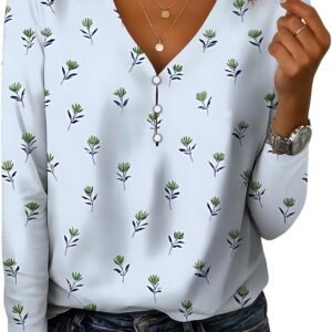 Womens Long Sleeve V Neck Floral Print Blouse Casual Loose Fit Button Down Breathable Top for Spring Fall