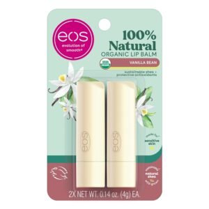 eos 100% Natural & Organic Lip Balm Sticks – Vanilla Bean, All Natural Lip Balm, All-Day Moisture, Dermatologist Recommended, 0.14 oz, 2-Pack