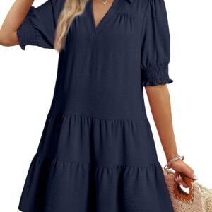 Dokotoo Casual Dresses for Women Lapel Collared V Neck Mid Sleeved Pleated Summer Dresses for Women 2026 Midi Dresses