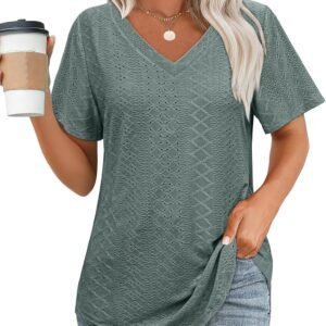 OFEEFAN Womens T Shirts V Neck Short Sleeve Casual Tops Loose Fit Basic Tees with Curved Hem