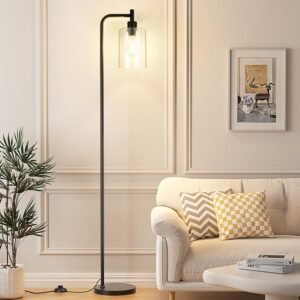 Ziisee Industrial Floor Lamp with Glass Shade – Black, LED Bulbs, Foot Pedal Switch, Easy Assembly