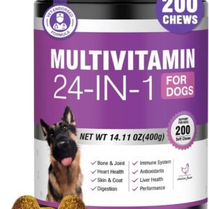 24-in-1 Dog Vitamins and Supplements 200 Ct Dogs Multivitamin Chewable Contain Chondroitin Probiotics Omega-3 Glucosamine for Dogs Skin Coat Heart Joint Gut Liver Brain Eyes Immune Support – Chicken