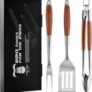 GRILAZ Heavy-Duty Rose Wooden BBQ Grilling Tools Set. Extra Thick Stainless Steel Multi-Function Spatula, Fork & Tongs | Essential Accessories for Barbecue & Grill. Ideal Gift for Father…