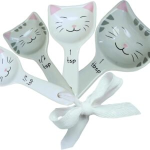 Cute Cat Measuring Spoons Set with Ribbon, Cute Cat Gifts for Women, Cat Themed Kitchen Accessories for Cat Baking Supplies, Ceramic Measuring Spoons for Cat Lover, Baking Gifts for Women (Set of 5)