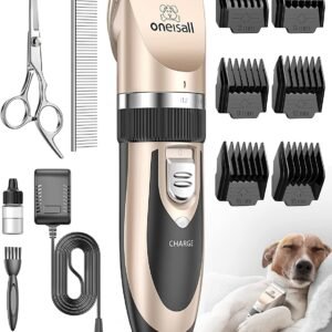oneisall Dog Clipper Low Noise, Dog Grooming Kit with Rechargeable, Pet Shaver Cordless Electric Quiet Hair Clipper Set for Dogs Cats Pets（Gold）