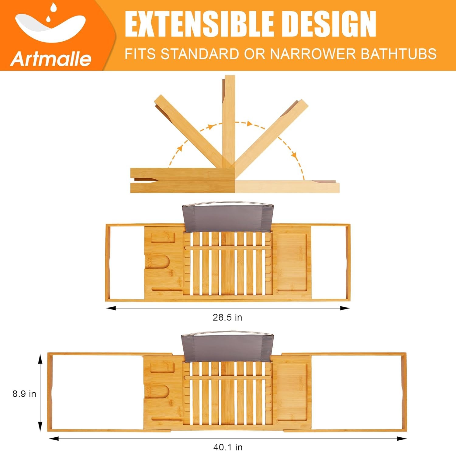 Artmalle Luxury Bathtub Caddy Tray for Tub - Foldable Bamboo Bath Table Tray with Book and Wine Glass Holder, Expandable Bathroom Accessories for Spa or Reading Lite Style - Image 5