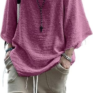 Men’s Linen Hip Hop Shirt Casual Plus Size Vintage Distressed Frayed Blouse Top Crewneck Half Sleeve Daily Shirts