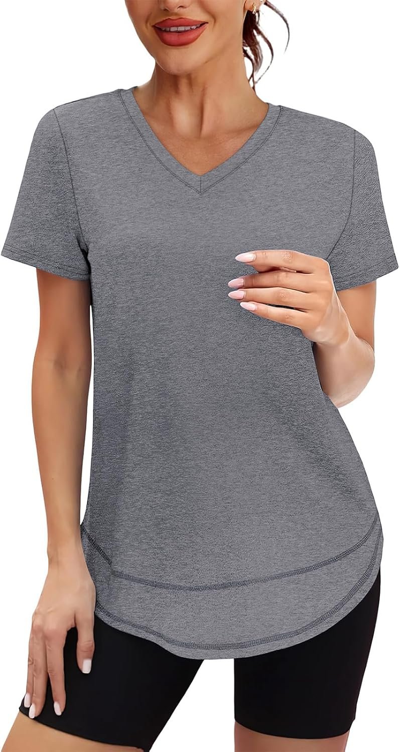 XIEERDUO Womens Workout Tops Short Sleeve Shirts Quick Dry Outfits for Hiking Running V Neck S-3XL - Image 2