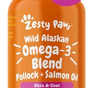 Zesty Paws Wild Alaskan Omega-3 Blend Pollock + Salmon Oil for Dogs and Cats- Skin and Coat Support, Omega 3 Supplement for Pets, 8.5oz