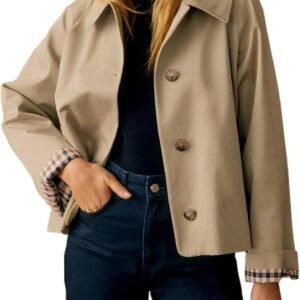 Dqbeng Womens Short Trench Jacket Plaid Lining Button Front Lightweight Classic Casual Outerwear with Pockets