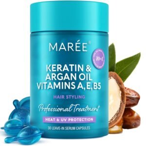 MAREE Hair Serum for Frizzy Dry Hair – Styling Capsules with Keratin, Argan Oil, Vitamins A E B5 – UV & Heat Protectant Frizz Control Serum for Women – Aceite Para el Cabello Treatment | for Frizzy, Styling Capsules, with Jojoba, for Women, Frizzy, Damaged