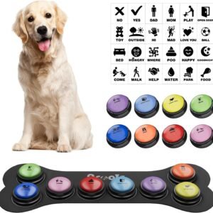 Dog Buttons for Communication, 8 Pcs Dog Talking Button Set, 30s Recordable Voice Pet Buzzer Training Buttons, Speaking Button for Dogs with Waterproof Anti-Slip Dog Button Mat and 48 Scene Stickers
