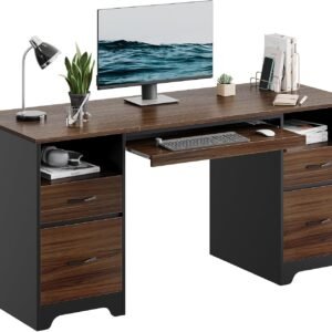 Bestier 59” Computer Desk with 4 Drawers, Office Desk with Storage, Industrial Executive Desk with File Drawer, Keyboard Tray & 2 Pedestals for Home Office & Studio, Cherry