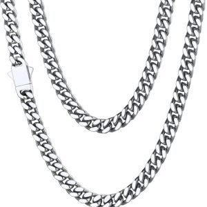 ChainsHouse Stainless Steel Mens Cuban Link Chain, Black/ 18K Gold Plated Miami Cuban Chain Necklace, 5mm/7mm/9mm/12mm/14mm Width, No Tarnish& Durable Hip Hop Mens Jewelry, 18″-30″, Send Gift Box
