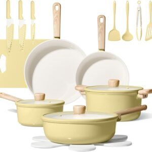 CAROTE 24pcs Ceramic Cookware Set, Pots and Pans Non Stick Kitchen Cookware Sets, Pots and Pans Set Cooking Set with Knife Set