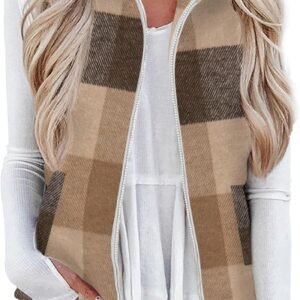 Rapbin Women’s Plaid Outerwear Vests Tops Zip Up Collared Sleeveless Jacket with Pockects