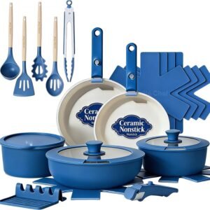Umite Chef Pots and Pans Set Non Stick, 21 pcs Ceramic Cookware Set with Detachable Handles, Healthy Induction Cookware Oven Safe RV Kitchen Cooking Set with Utensils, PFAS PFOA & PTFE Free, Navy