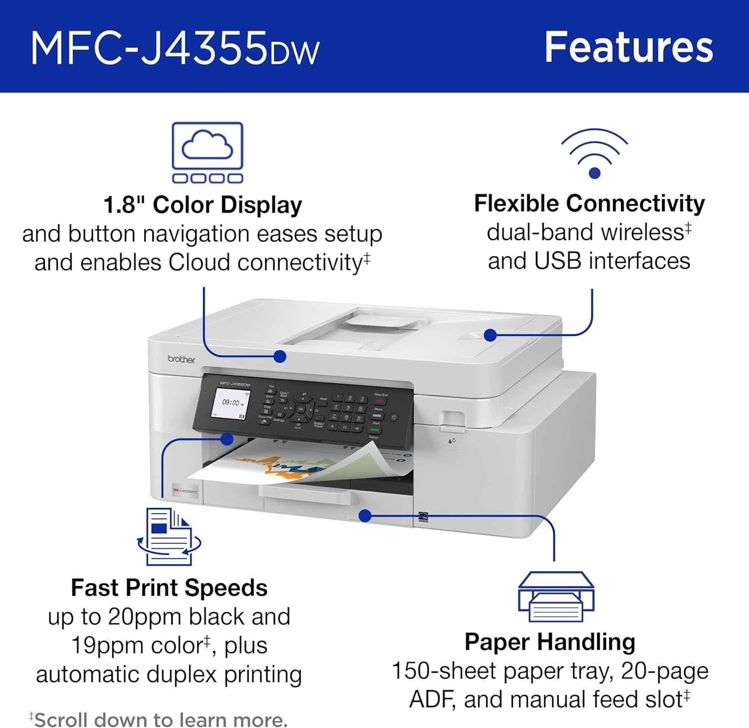 Brother INKvestment 4355 Wireless Color Inkjet All-in-One Printer with 1.8” Color Display and Manual Feed Slot | Includes Refresh Subscription Trial(1) (MFC-J4355DW) - Image 3