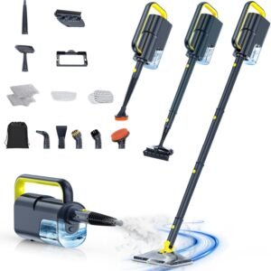 Steam Mop with Detachable Handheld Steam Cleaner, 10-in-1 Multi Accessories, Quick 10s Heat, 350ml and 2-Level Steamer for Cleaning Floor, Carpet, BBQ Grill, Tile, and Grout, Gray