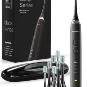 Aquasonic Black Series Ultra Whitening Toothbrush – ADA Accepted Electric Toothbrush- 8 Brush Heads & Travel Case – 40,000 VPM Electric Motor & Wireless Charging – 4 Modes w Smart Timer