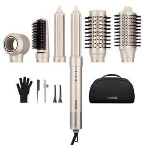 7MAGIC 6 in 1 Multi Hair Styler Dryer Brush, 110,000 RPM High-Speed, Negative Ionic, Fast Drying for Professional Blow Dry, Curling, Volumizing, Straightening and Styling, Gold