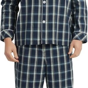 Vulcanodon Mens Cotton Pajama Set, Button Down Woven Pajama Set for Men Plaid Men’s Sleepwear