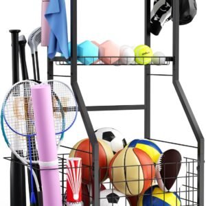 Sports Equipment Garage Organizer,Garage Ball Storage Rack for Sports with Wheels-Upgraded 3 Layers Sports Organizer Rack Outdoor Basketball Racks for Balls with Holder and Hooks